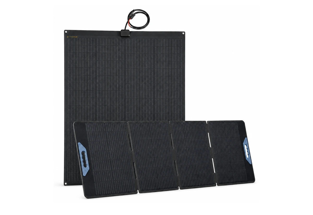 Lensun flexible solar panel displayed behind a folding solar panel